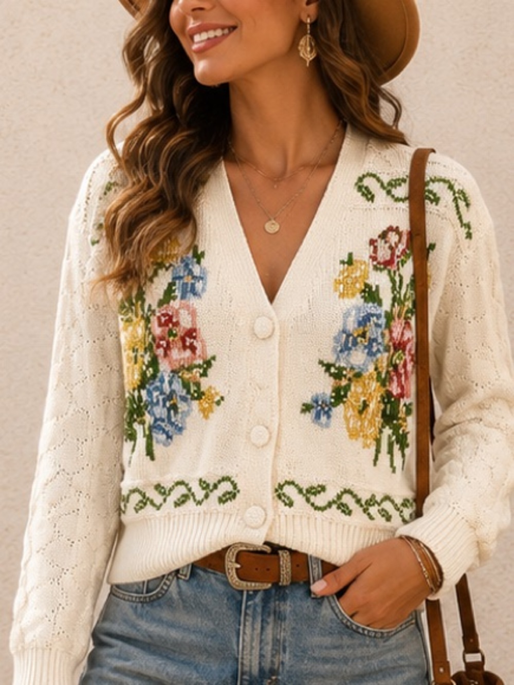 Vintage Embroidered Floral Button Up cardigan sweater medium